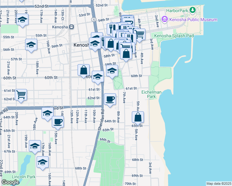map of restaurants, bars, coffee shops, grocery stores, and more near 6117 8th Avenue in Kenosha