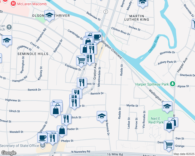 map of restaurants, bars, coffee shops, grocery stores, and more near 38455 Meadowdale Street in Clinton Township