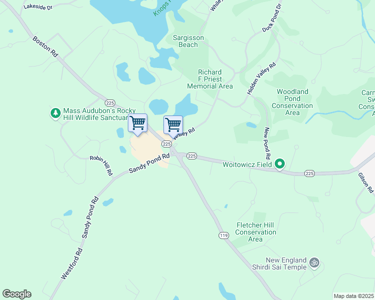 map of restaurants, bars, coffee shops, grocery stores, and more near 1 Massachusetts 225 in Groton