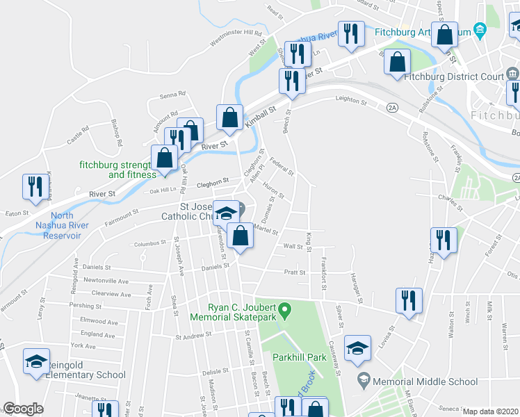 map of restaurants, bars, coffee shops, grocery stores, and more near 126 Daniels Street in Fitchburg