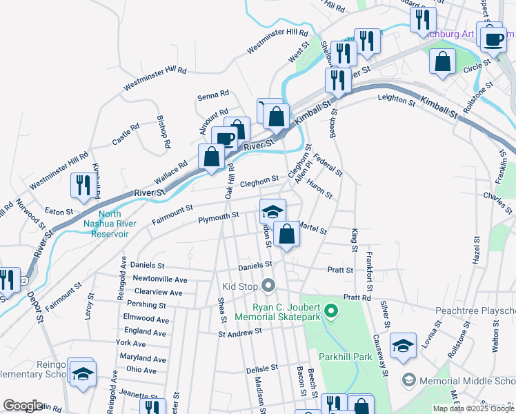 map of restaurants, bars, coffee shops, grocery stores, and more near 56 Clarendon Street in Fitchburg