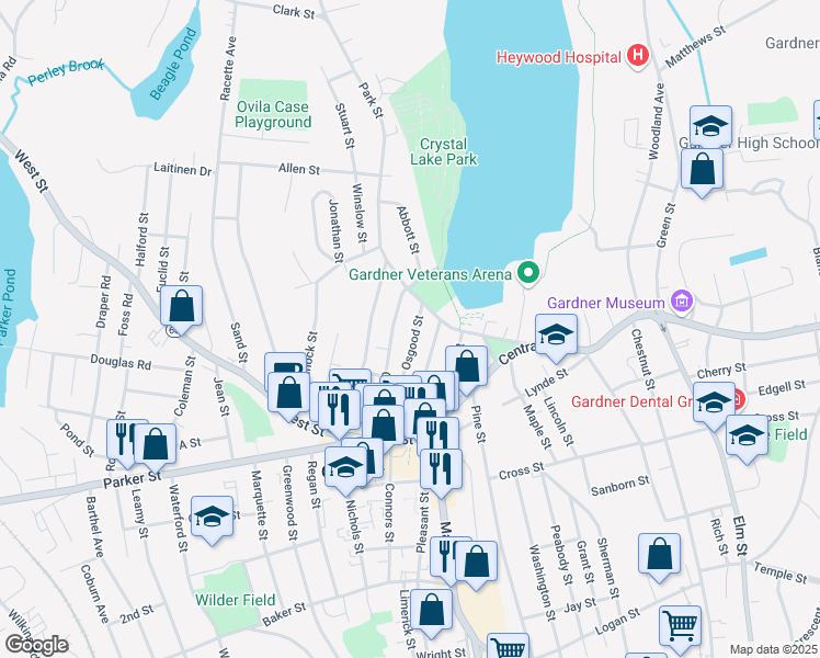 map of restaurants, bars, coffee shops, grocery stores, and more near 83 Osgood Street in Gardner