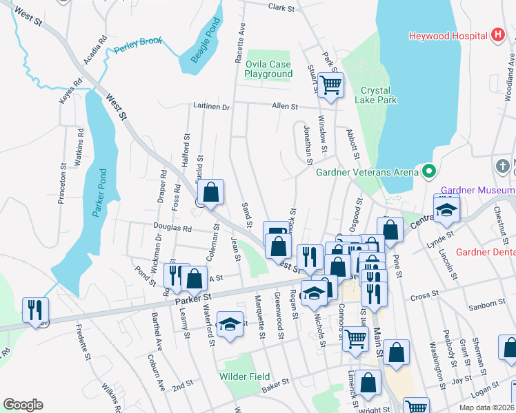 map of restaurants, bars, coffee shops, grocery stores, and more near 104 Ash Street in Gardner