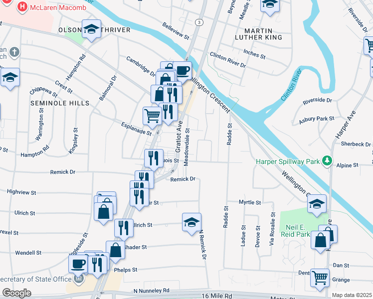map of restaurants, bars, coffee shops, grocery stores, and more near 38455 Meadowdale Street in Clinton Township