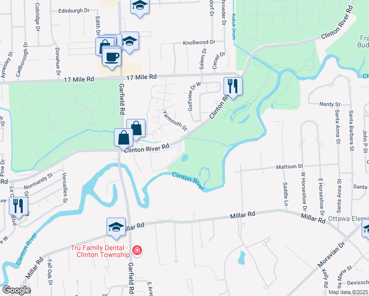 map of restaurants, bars, coffee shops, grocery stores, and more near 38360 Country Club Drive in Clinton Township