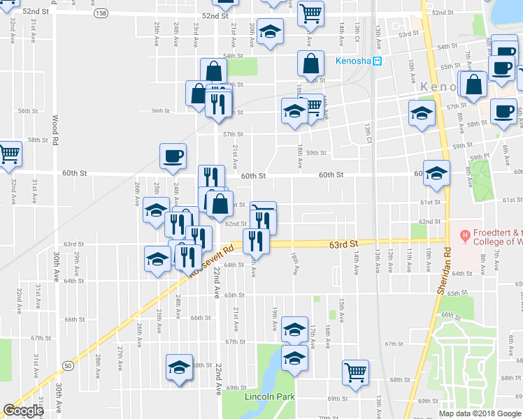 map of restaurants, bars, coffee shops, grocery stores, and more near 1904 62nd Street in Kenosha