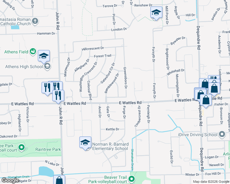 map of restaurants, bars, coffee shops, grocery stores, and more near 2339 Greensboro Drive in Troy
