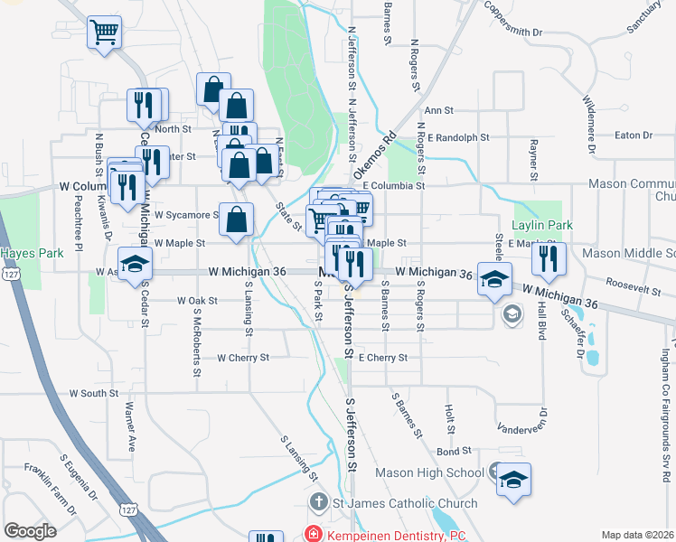 map of restaurants, bars, coffee shops, grocery stores, and more near in Mason
