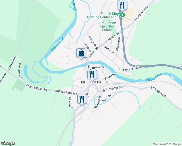 map of restaurants, bars, coffee shops, grocery stores, and more near 15 Bridge Street in Millers Falls