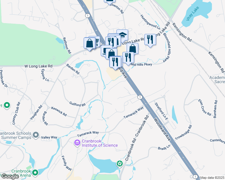 map of restaurants, bars, coffee shops, grocery stores, and more near 57 Vaughan-Ridge Road in Bloomfield Hills