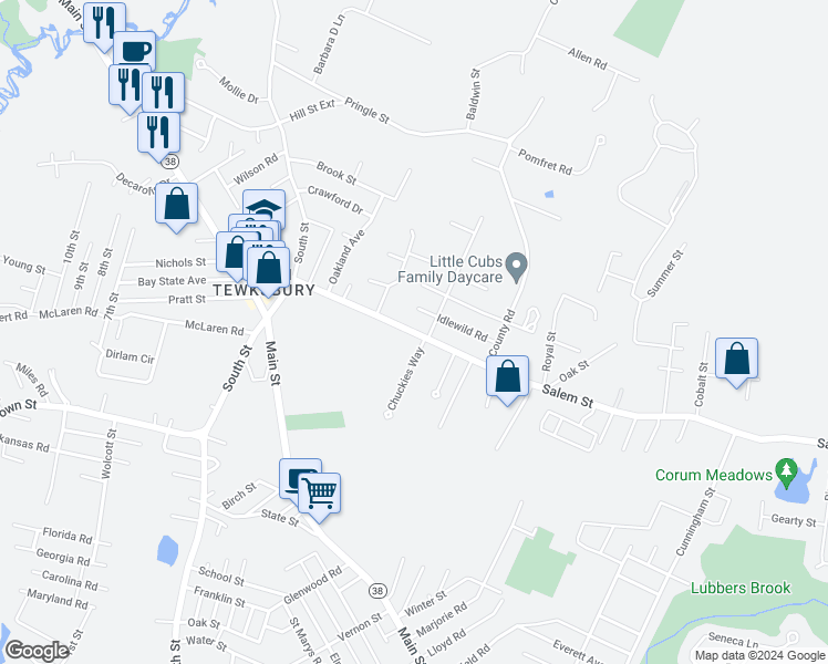 map of restaurants, bars, coffee shops, grocery stores, and more near 180 Salem Road in Tewksbury