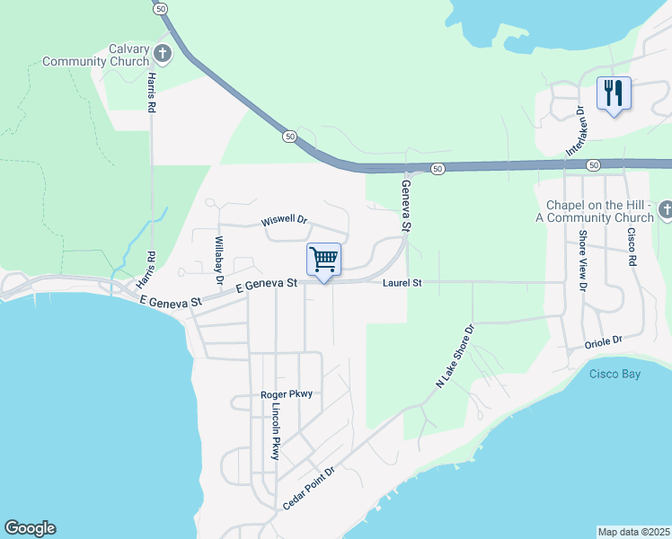 map of restaurants, bars, coffee shops, grocery stores, and more near 91 Potawatomi Road in Williams Bay