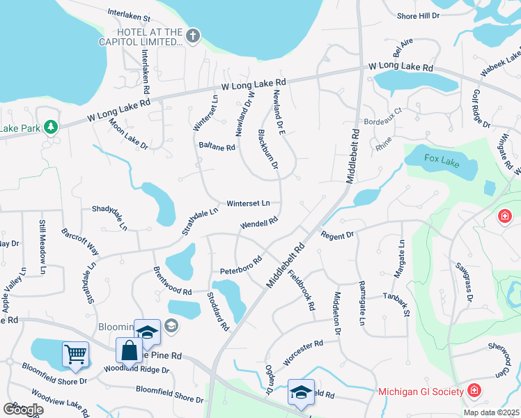 map of restaurants, bars, coffee shops, grocery stores, and more near 4152 Wendell Road in West Bloomfield Township