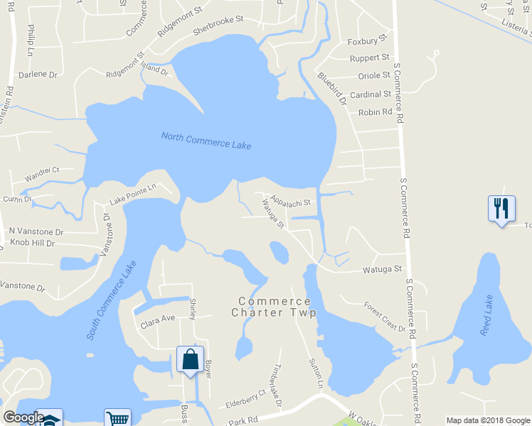 map of restaurants, bars, coffee shops, grocery stores, and more near 4017 Watuga Street in Walled Lake