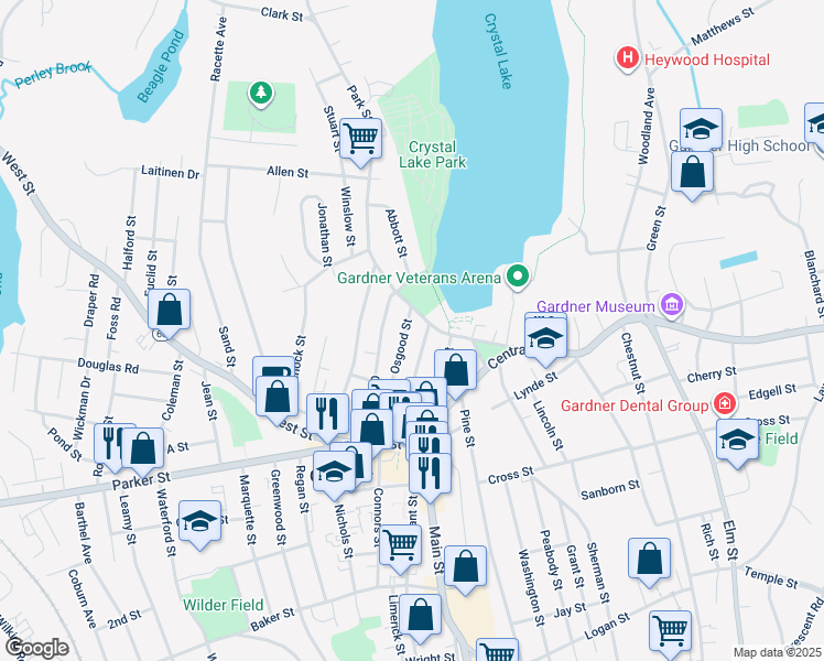 map of restaurants, bars, coffee shops, grocery stores, and more near 83 Osgood Street in Gardner