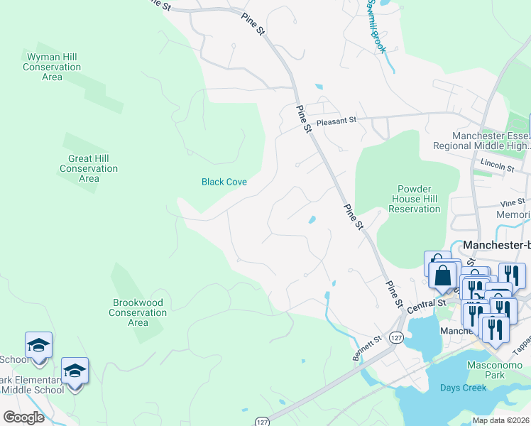 map of restaurants, bars, coffee shops, grocery stores, and more near 15 Woodholm Road in Manchester-by-the-Sea