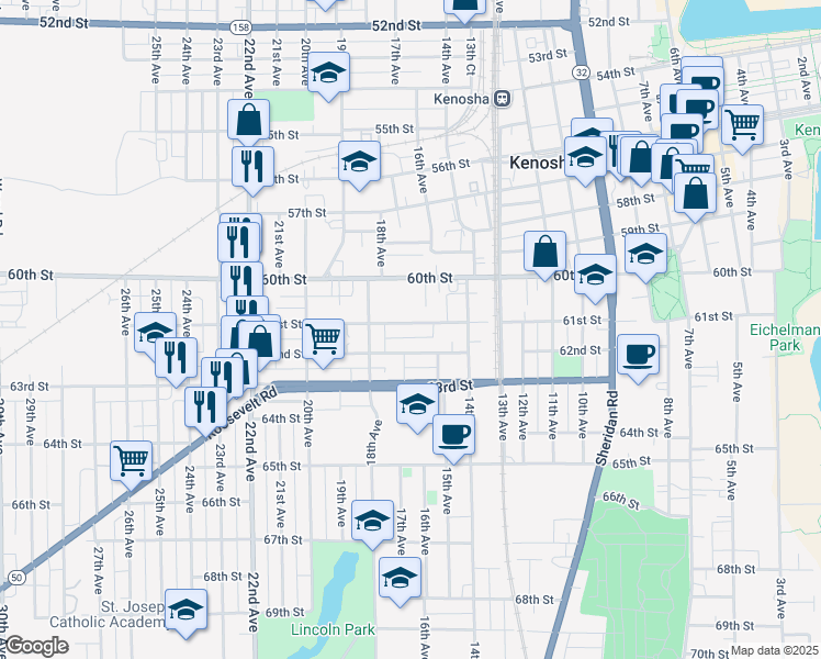 map of restaurants, bars, coffee shops, grocery stores, and more near 1609 61st Street in Kenosha
