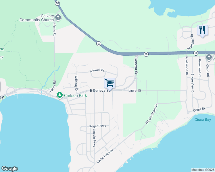 map of restaurants, bars, coffee shops, grocery stores, and more near 90 Potawatomi Road in Williams Bay