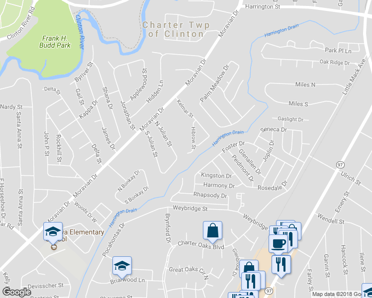 map of restaurants, bars, coffee shops, grocery stores, and more near 38171 Hibrow Street in Clinton Township