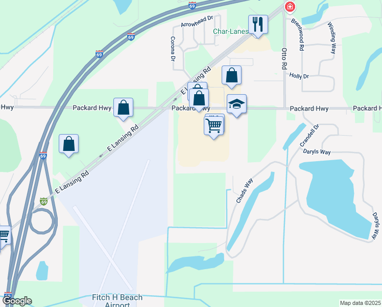 map of restaurants, bars, coffee shops, grocery stores, and more near 1654 Packard Highway in Charlotte