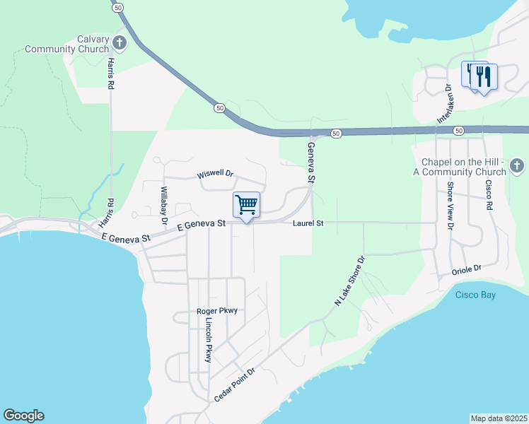 map of restaurants, bars, coffee shops, grocery stores, and more near 91 Potawatomi Road in Williams Bay