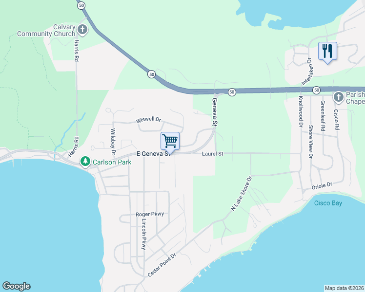 map of restaurants, bars, coffee shops, grocery stores, and more near 91 Potawatomi Road in Williams Bay
