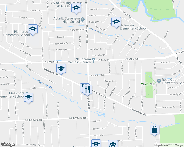 map of restaurants, bars, coffee shops, grocery stores, and more near 11639 Sorrento Boulevard in Sterling Heights