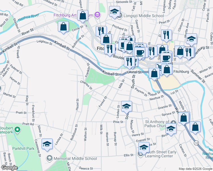 map of restaurants, bars, coffee shops, grocery stores, and more near 17 Forest Street in Fitchburg