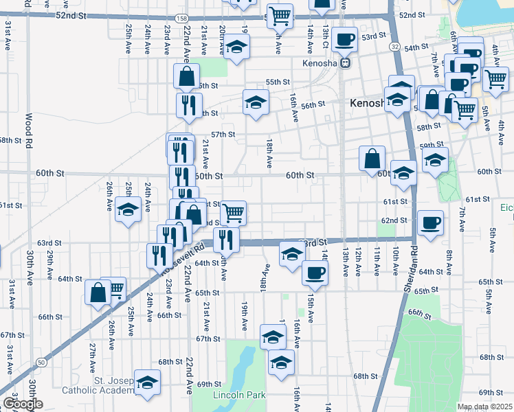 map of restaurants, bars, coffee shops, grocery stores, and more near 6114 18th Avenue in Kenosha