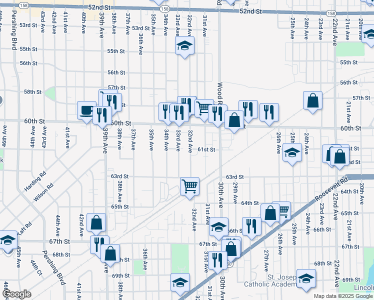 map of restaurants, bars, coffee shops, grocery stores, and more near 6111 33rd Avenue in Kenosha