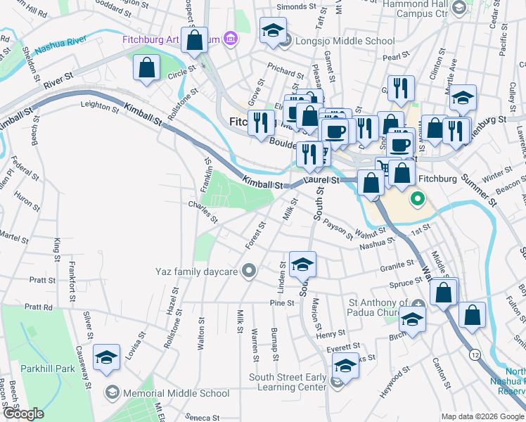 map of restaurants, bars, coffee shops, grocery stores, and more near 17 Forest Street in Fitchburg