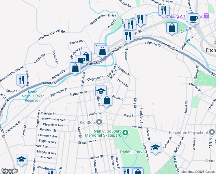 map of restaurants, bars, coffee shops, grocery stores, and more near 49 Woodland Street in Fitchburg
