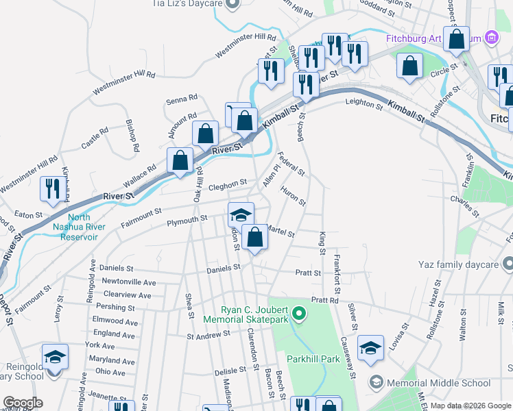 map of restaurants, bars, coffee shops, grocery stores, and more near 49 Woodland Street in Fitchburg