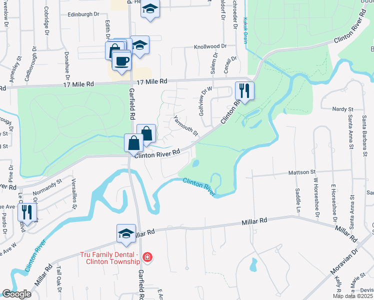 map of restaurants, bars, coffee shops, grocery stores, and more near 38360 Country Club Drive in Clinton Township