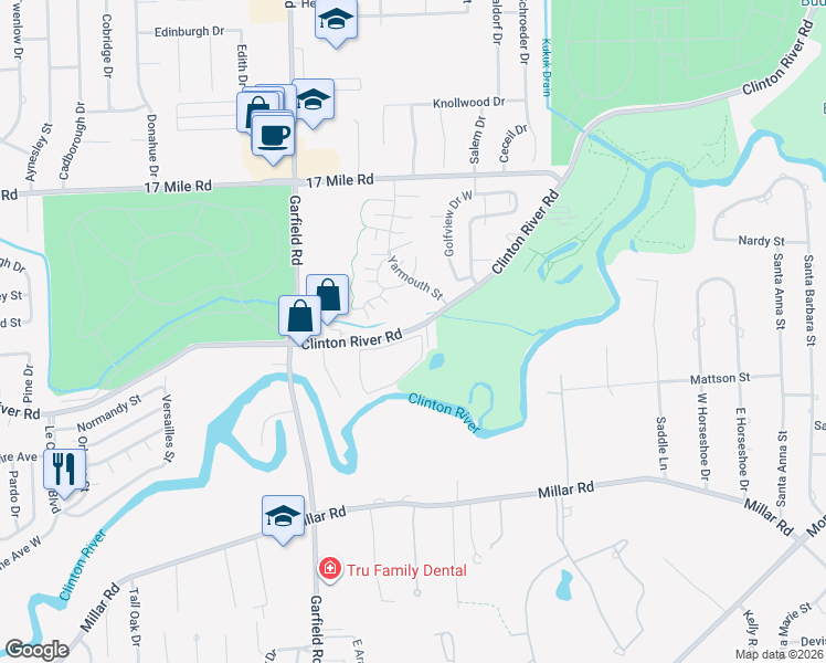 map of restaurants, bars, coffee shops, grocery stores, and more near 38360 Country Club Drive in Clinton Township