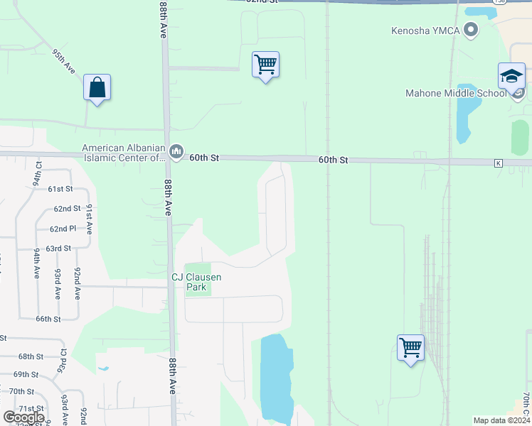 map of restaurants, bars, coffee shops, grocery stores, and more near 6139 83rd Avenue in Kenosha