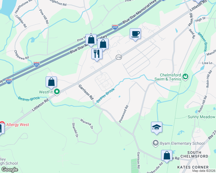 map of restaurants, bars, coffee shops, grocery stores, and more near 360 Littleton Road in Chelmsford