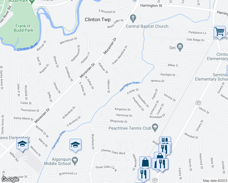 map of restaurants, bars, coffee shops, grocery stores, and more near 38230 Lesha Street in Clinton Township