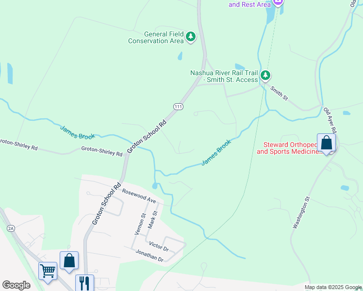 map of restaurants, bars, coffee shops, grocery stores, and more near 12 Douglas Dr in Ayer