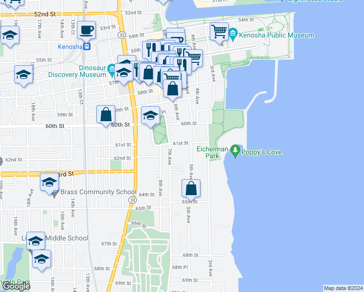 map of restaurants, bars, coffee shops, grocery stores, and more near 519 61st Street in Kenosha