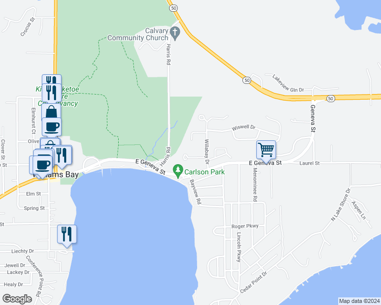 map of restaurants, bars, coffee shops, grocery stores, and more near 25 Driftwood Court in Williams Bay