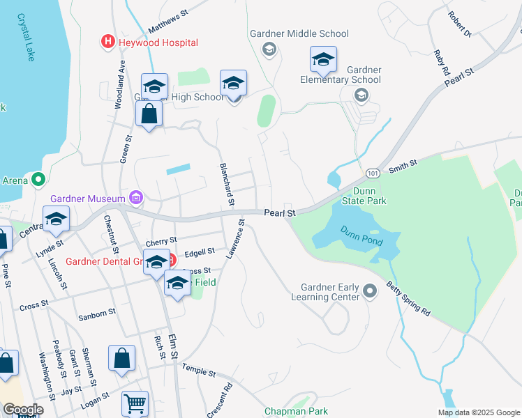 map of restaurants, bars, coffee shops, grocery stores, and more near 226 Pearl Street in Gardner