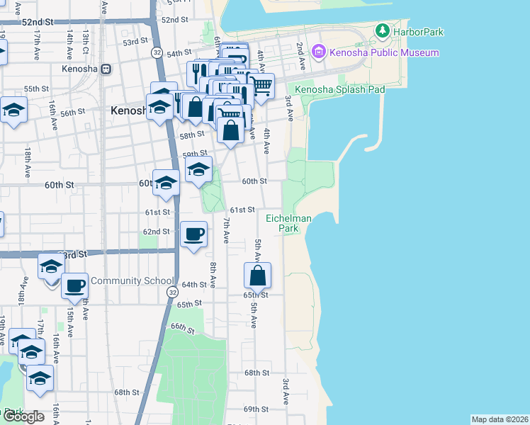 map of restaurants, bars, coffee shops, grocery stores, and more near in Kenosha