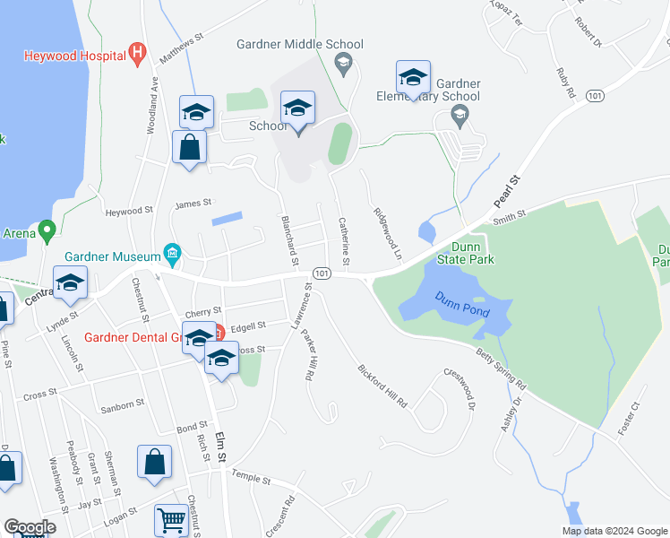 map of restaurants, bars, coffee shops, grocery stores, and more near 6 Lawrence Street in Gardner