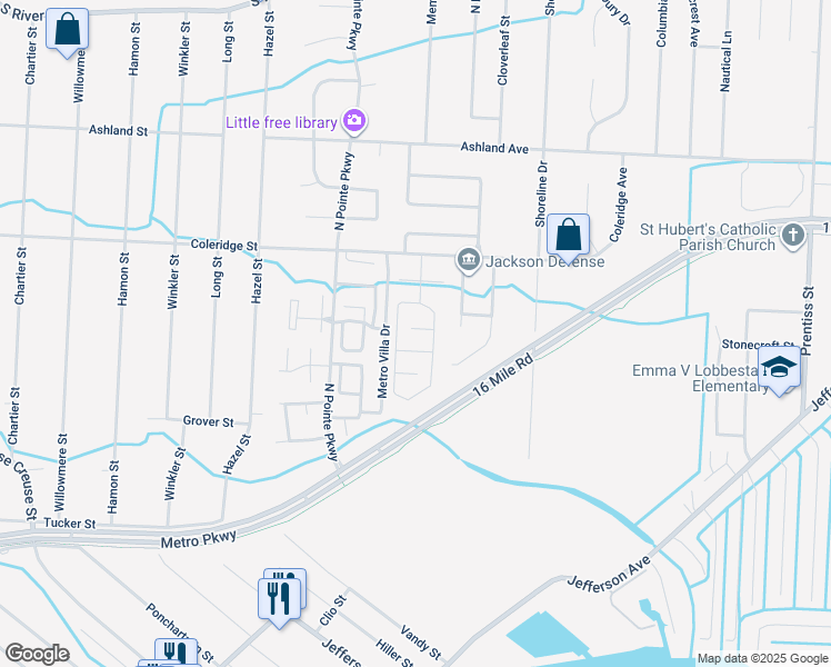 map of restaurants, bars, coffee shops, grocery stores, and more near 38320 Maple Forest Boulevard in Harrison charter Township