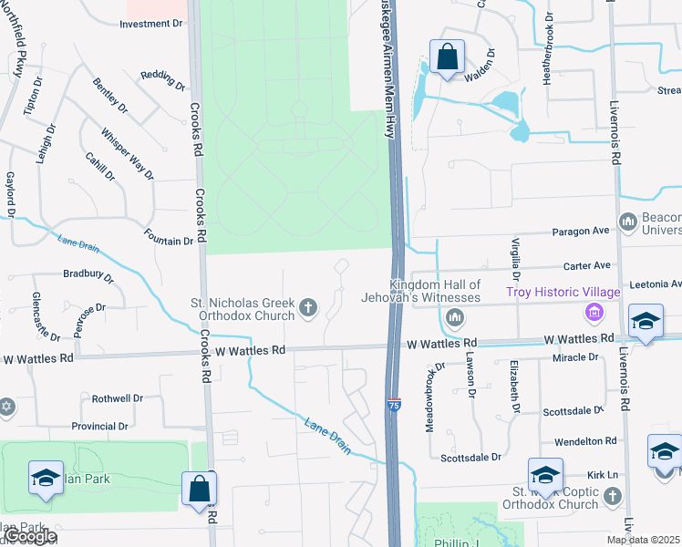 map of restaurants, bars, coffee shops, grocery stores, and more near 4242 Three Oaks Drive in Troy