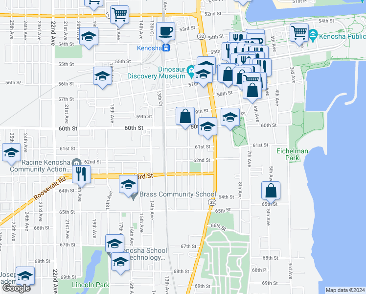 map of restaurants, bars, coffee shops, grocery stores, and more near 6115 12th Avenue in Kenosha