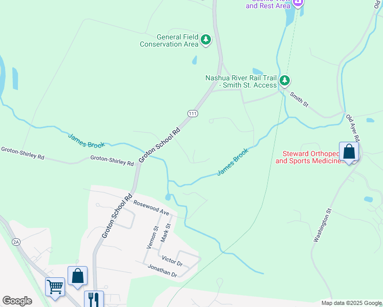 map of restaurants, bars, coffee shops, grocery stores, and more near 12 Douglas Drive in Ayer