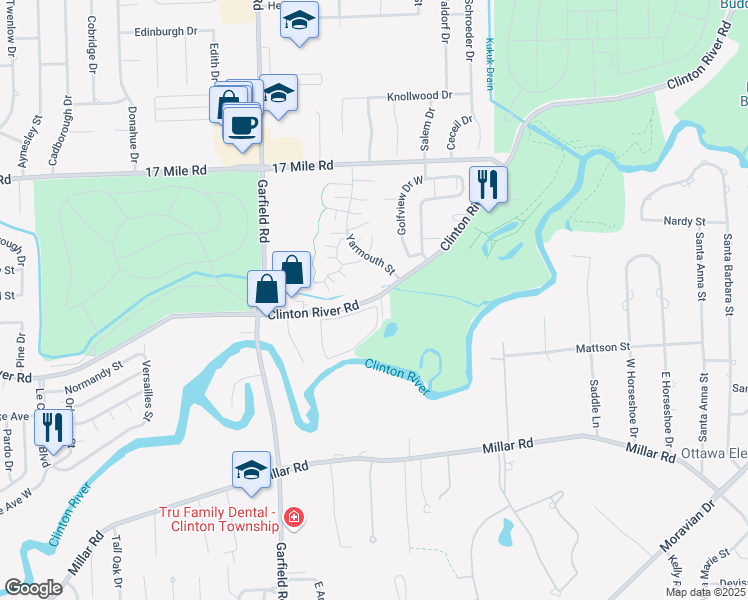 map of restaurants, bars, coffee shops, grocery stores, and more near 17124 Clinton River Road in Charter Township of Clinton