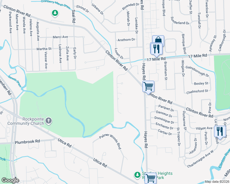 map of restaurants, bars, coffee shops, grocery stores, and more near 38417 River Park Drive in Sterling Heights